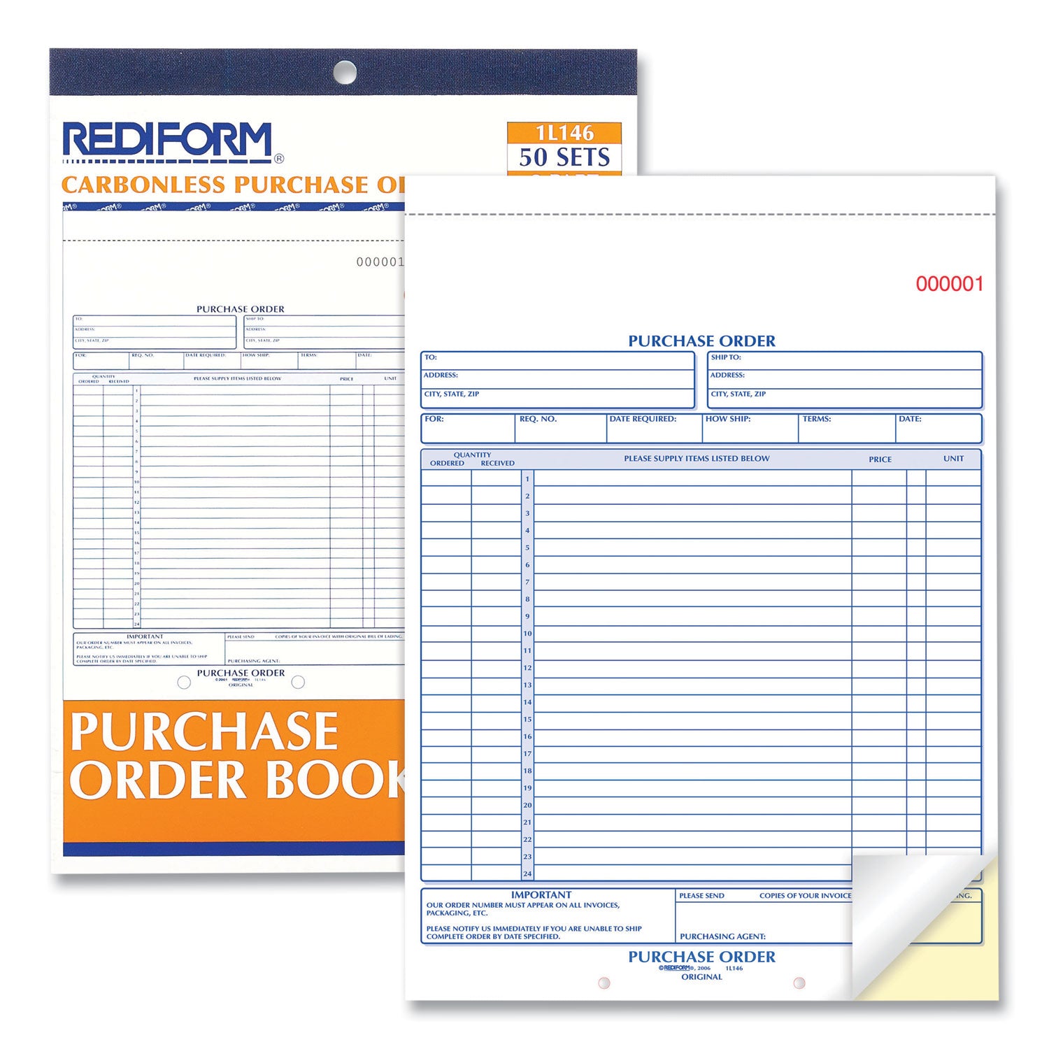 Purchase Order Book, 17 Lines, Two-Part Carbonless, 8.5 x 11, 50 Forms Total - 