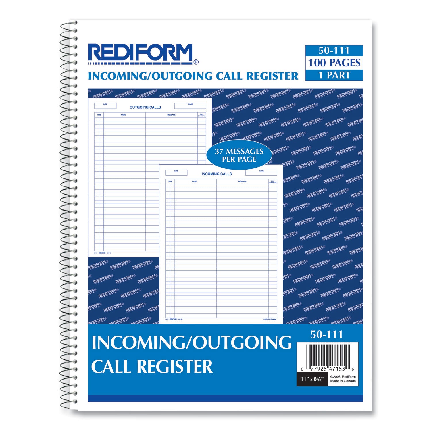 Wirebound Call Register, One-Part (No Copies), 11 x 8.5, 100 Forms Total - 