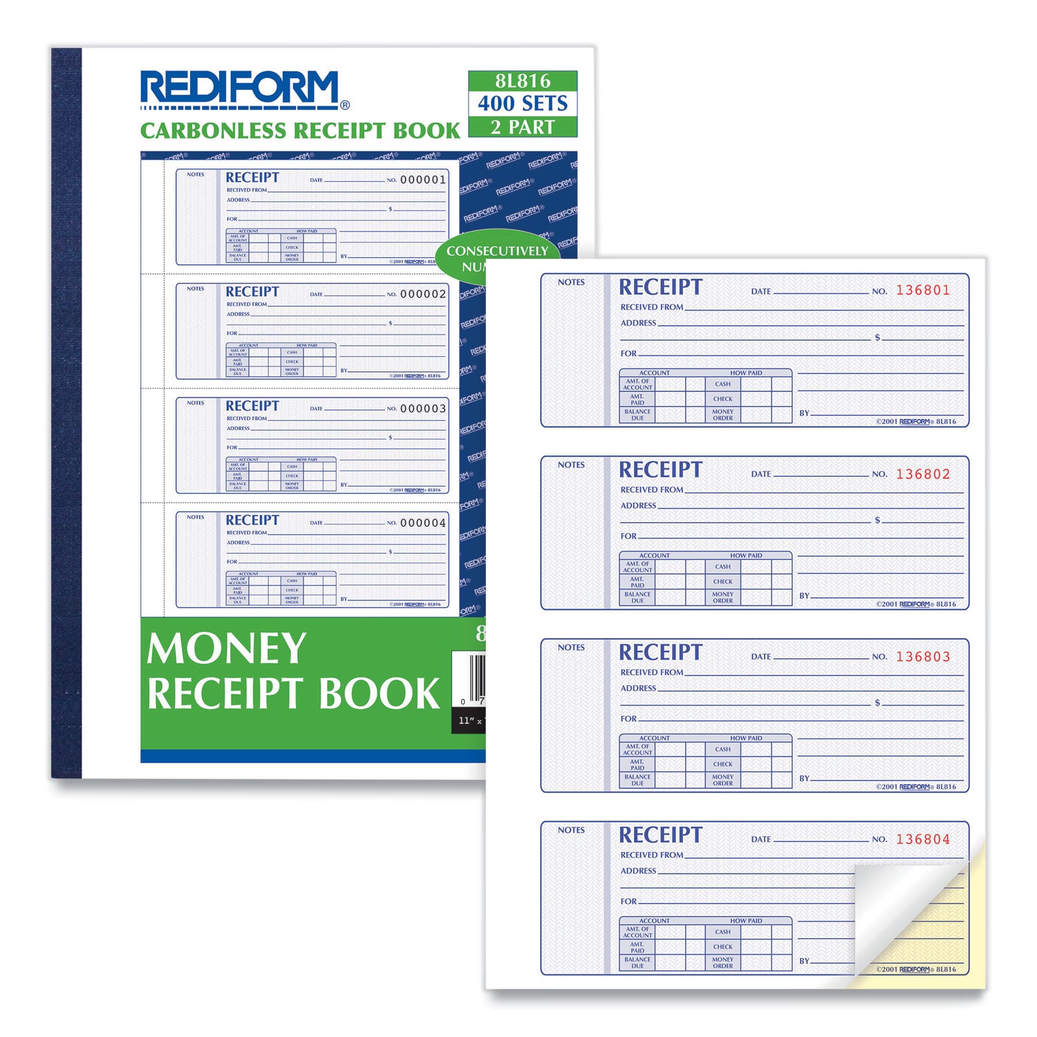 Receipt Book, Two-Part Carbonless, 7 x 2.75, 4 Forms/Sheet, 400 Forms Total - 