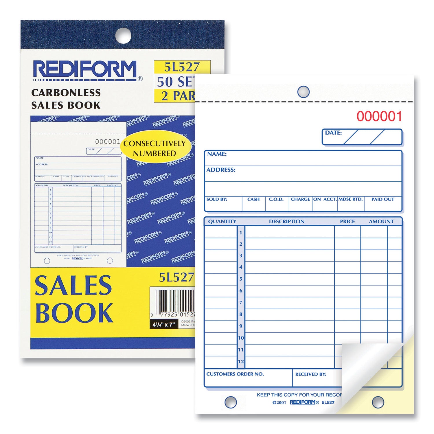 Sales Book, 12 Lines, Two-Part Carbonless, 4.25 x 6.38, 50 Forms Total - 