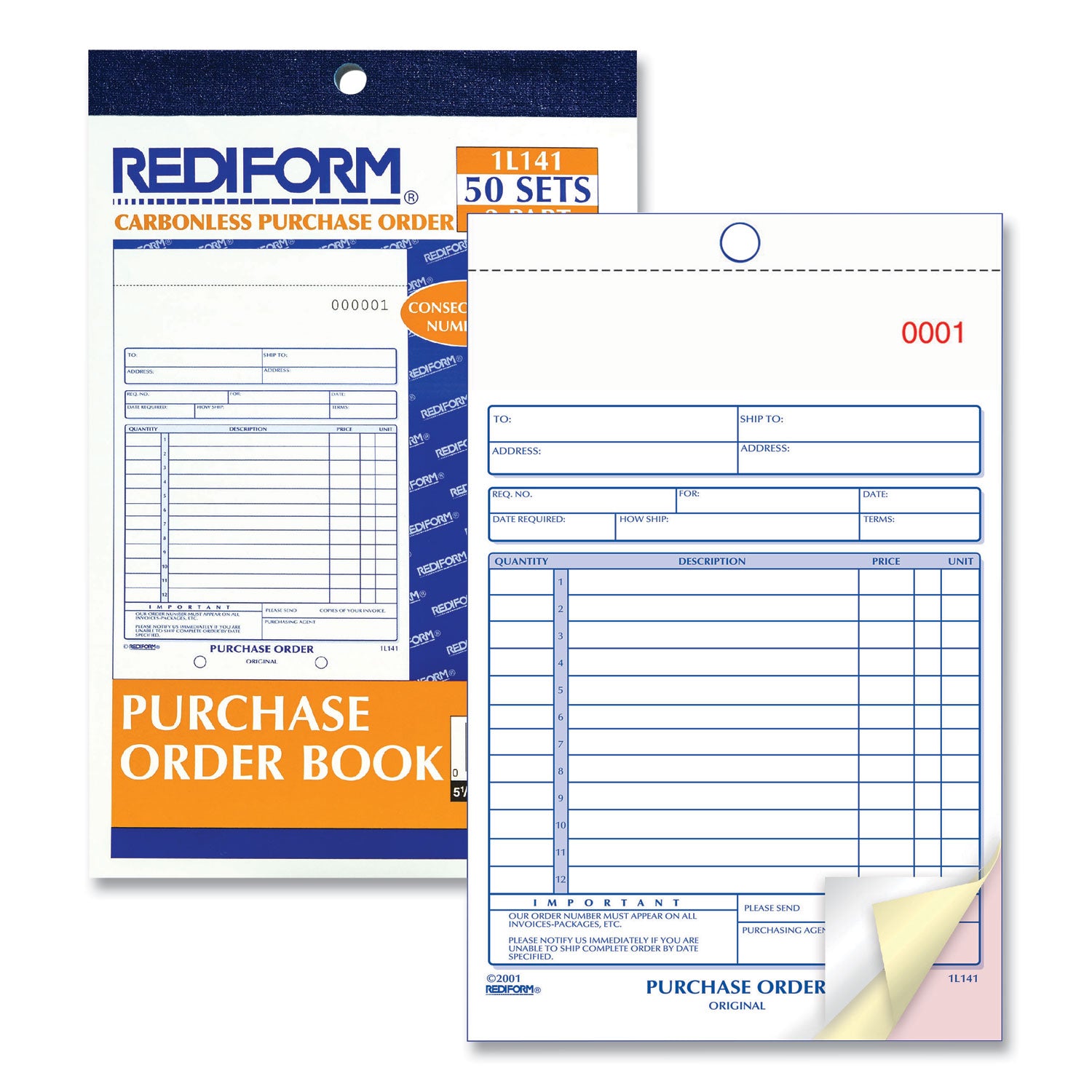 Purchase Order Book, 12 Lines, Three-Part Carbonless, 5.5 x 7.88, 50 Forms Total - 