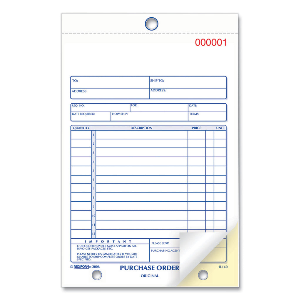 Purchase Order Book, 12 Lines, Two-Part Carbonless, 5.5 x 7.88, 50 Forms Total - 