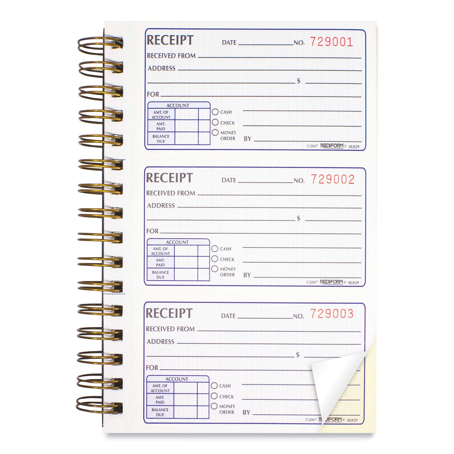 Gold Standard Money Receipt Book, Two-Part Carbonless, 5 x 2.75, 3 Forms/Sheet, 225 Forms Total - 