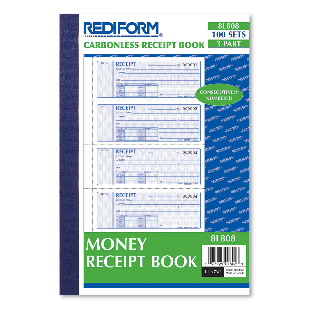 Money Receipt Book, Softcover, Three-Part Carbonless, 7 x 2.75, 4 Forms/Sheet, 100 Forms Total - 