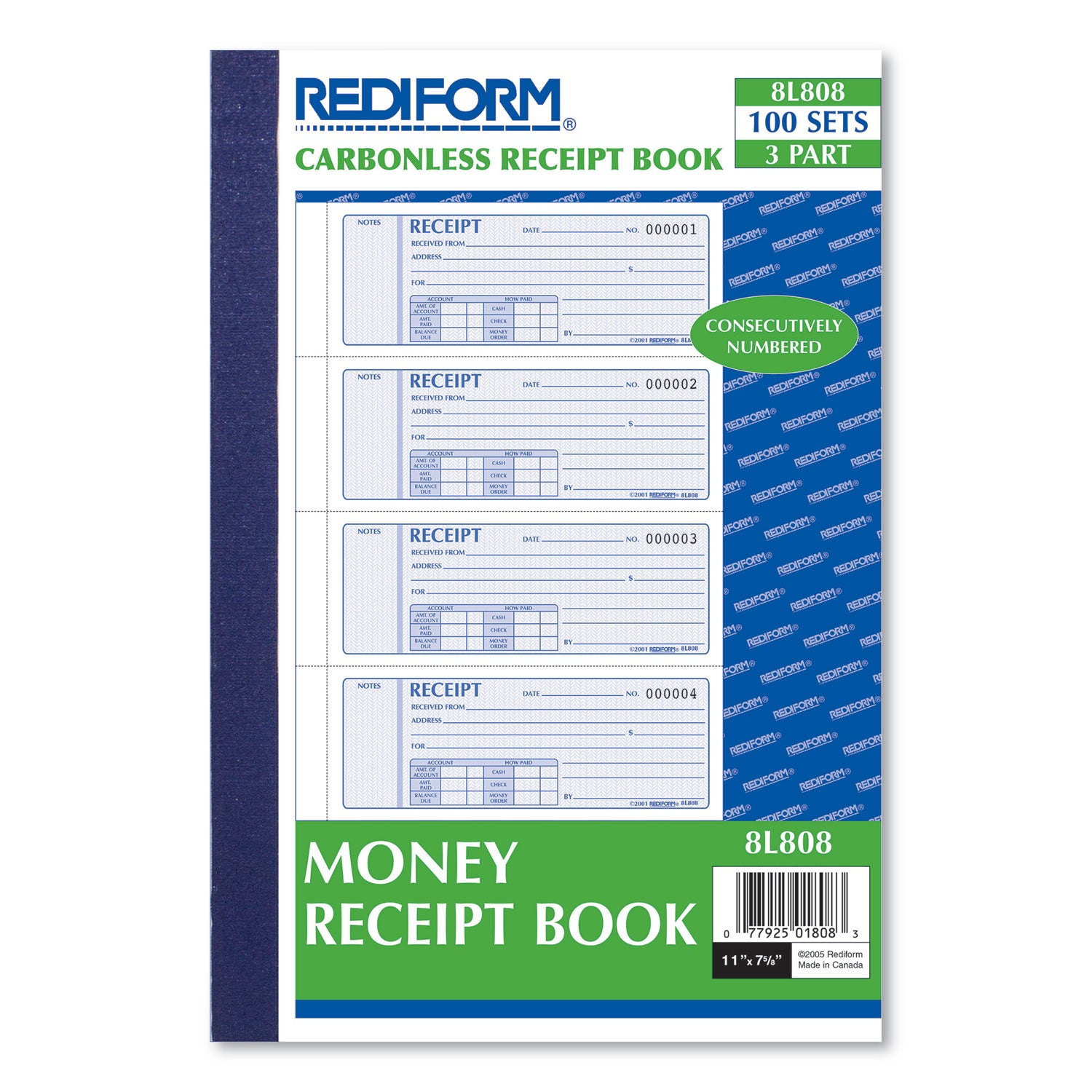 Money Receipt Book, Softcover, Three-Part Carbonless, 7 x 2.75, 4 Forms/Sheet, 100 Forms Total - 