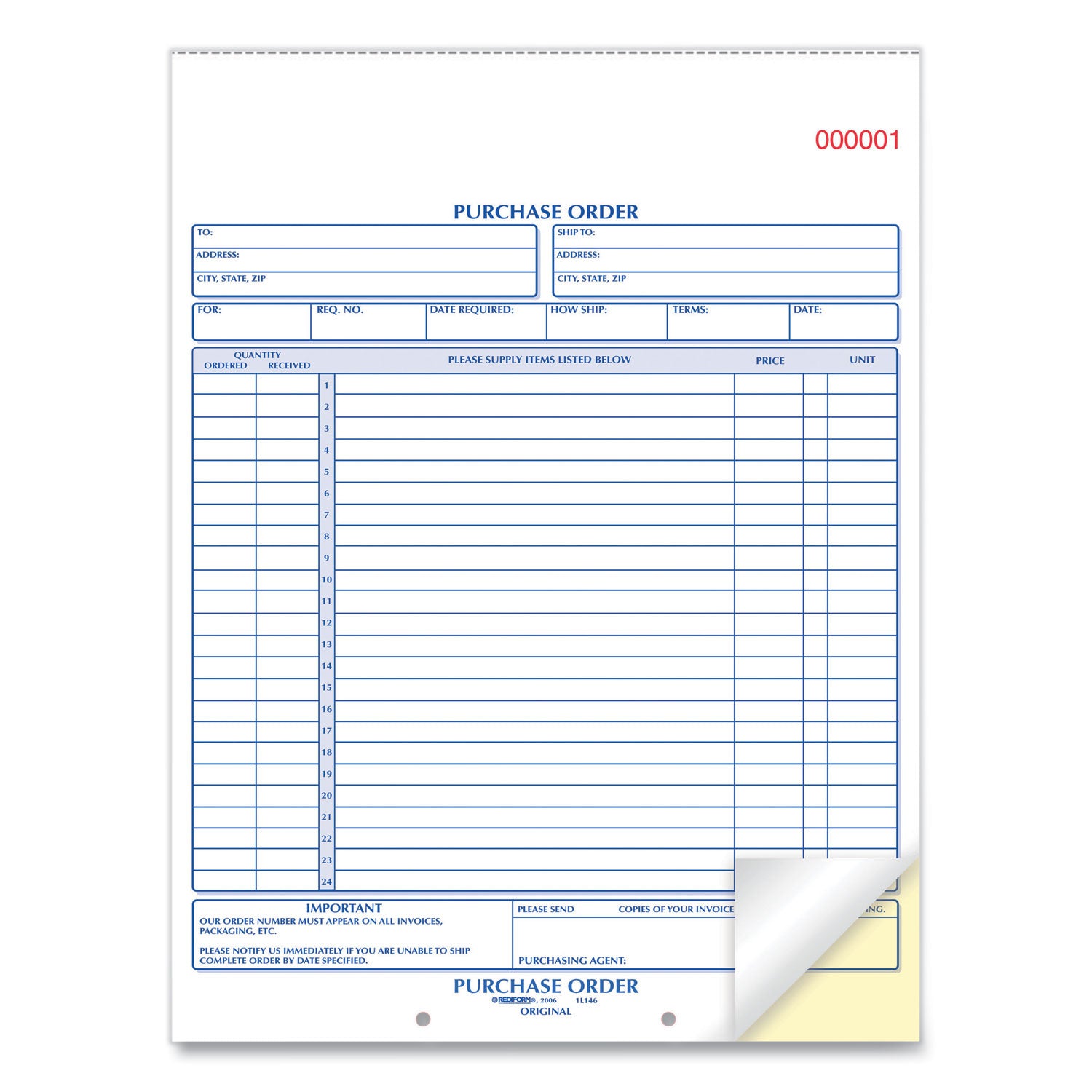 Purchase Order Book, 17 Lines, Two-Part Carbonless, 8.5 x 11, 50 Forms Total - 