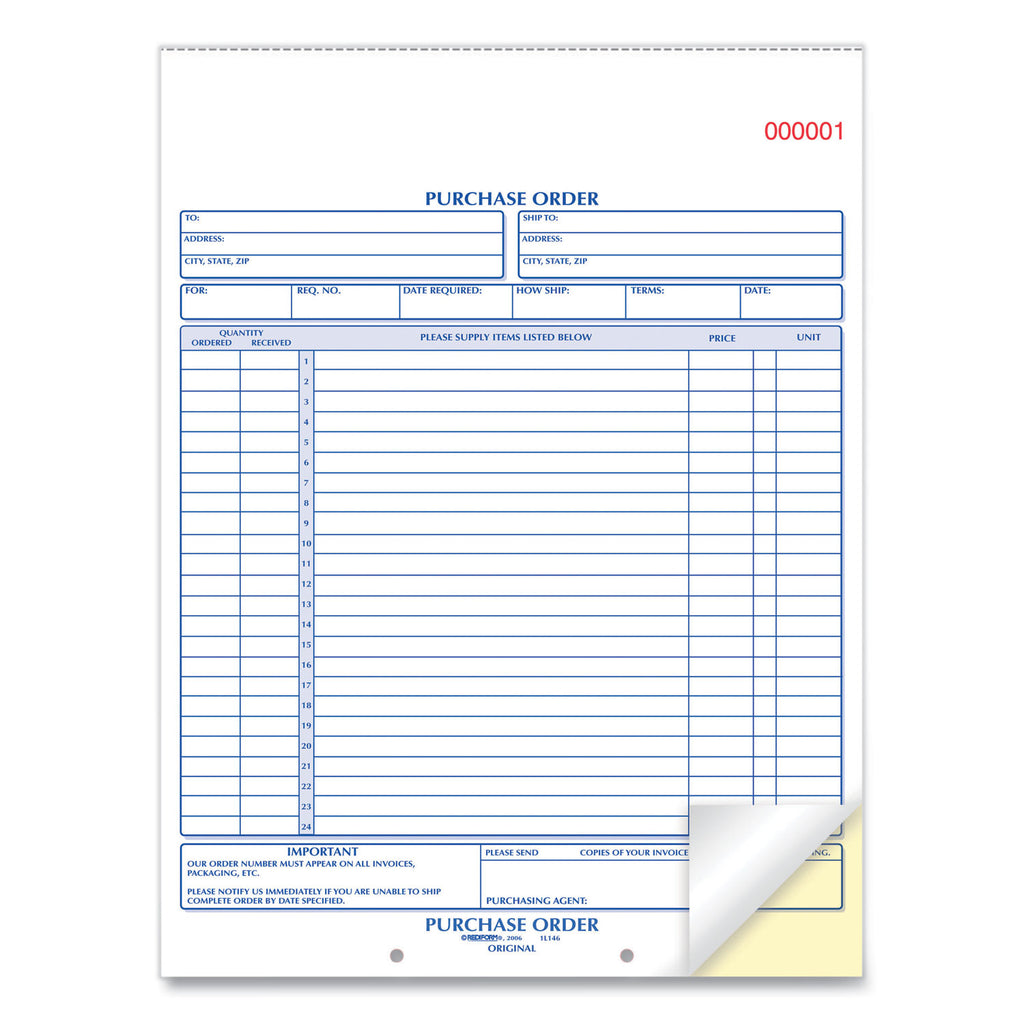 Purchase Order Book, 17 Lines, Two-Part Carbonless, 8.5 x 11, 50 Forms Total