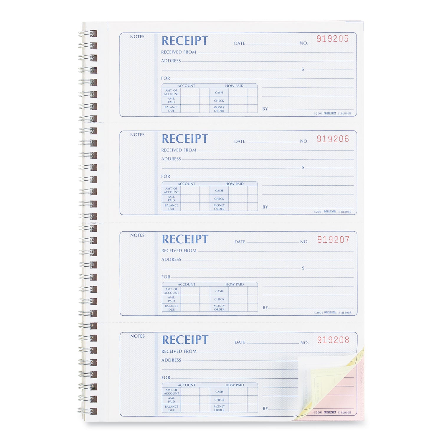 Money Receipt Book, FormGuard Cover, Three-Part Carbonless, 7 x 2.75, 4 Forms/Sheet, 100 Forms Total - 