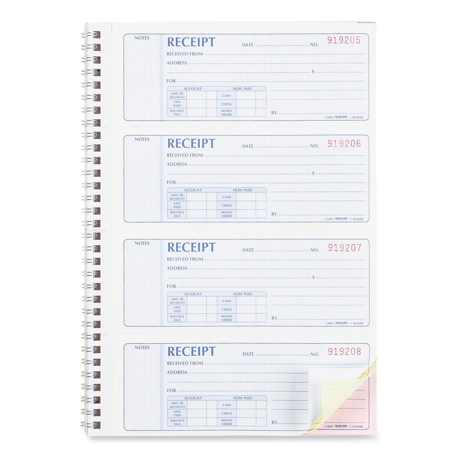 Money Receipt Book, FormGuard Cover, Three-Part Carbonless, 7 x 2.75, 4 Forms/Sheet, 100 Forms Total