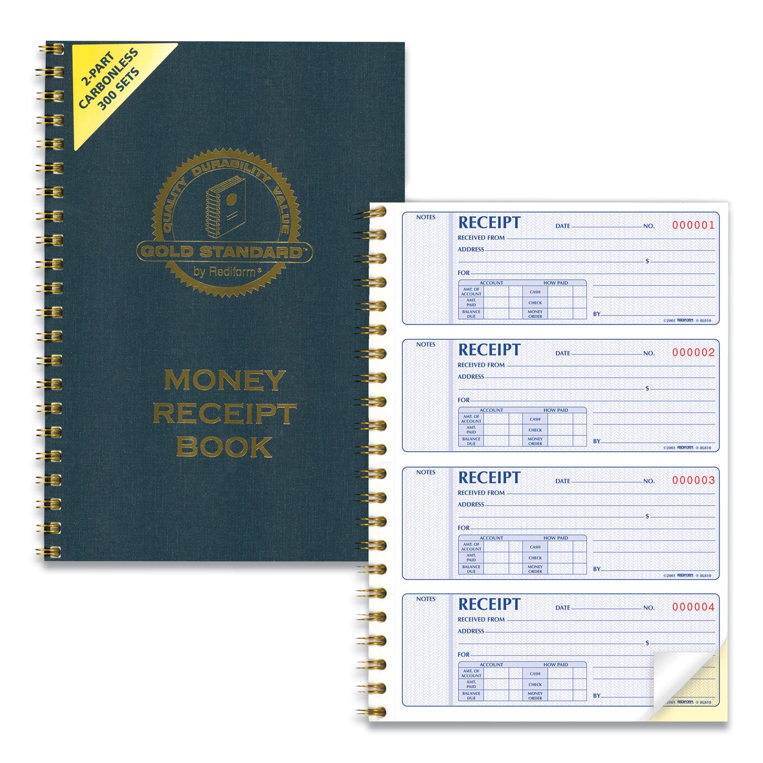 Gold Standard Money Receipt Book, Two-Part Carbonless, 7 x 2.75, 4 Forms/Sheet, 300 Forms Total - 