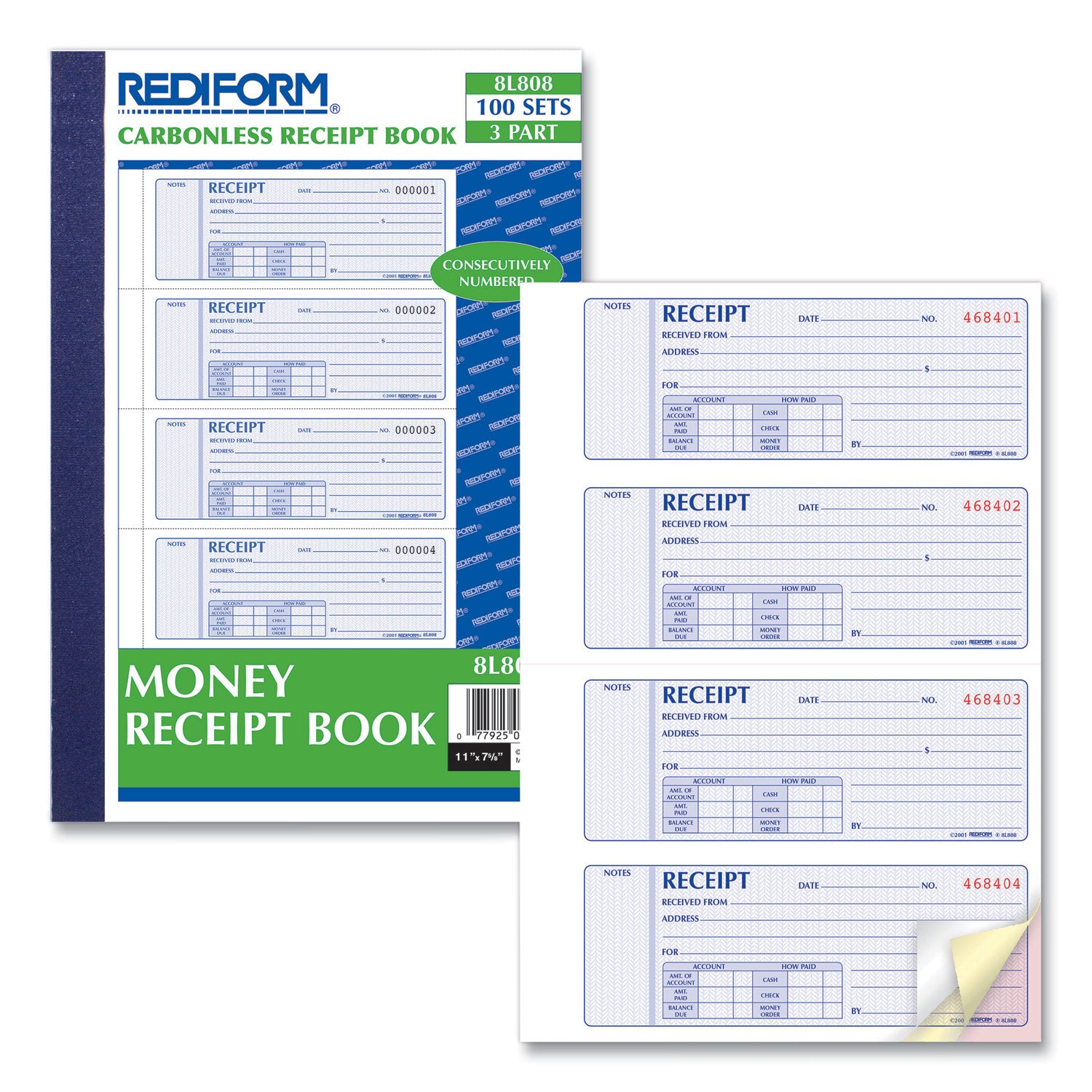 Money Receipt Book, Softcover, Three-Part Carbonless, 7 x 2.75, 4 Forms/Sheet, 100 Forms Total - 