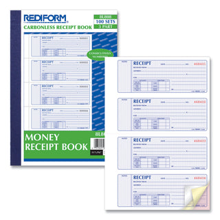 Money Receipt Book, Softcover, Three-Part Carbonless, 7 x 2.75, 4 Forms/Sheet, 100 Forms Total - 