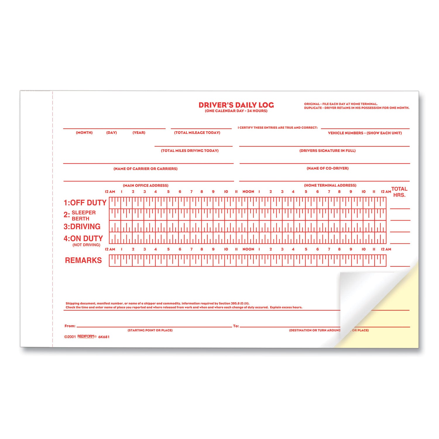 Driver's Daily Log Book with Daily Record and Hours Summary, Two-Part Carbonless, 7.88 x 5.5, 31 Forms Total - 