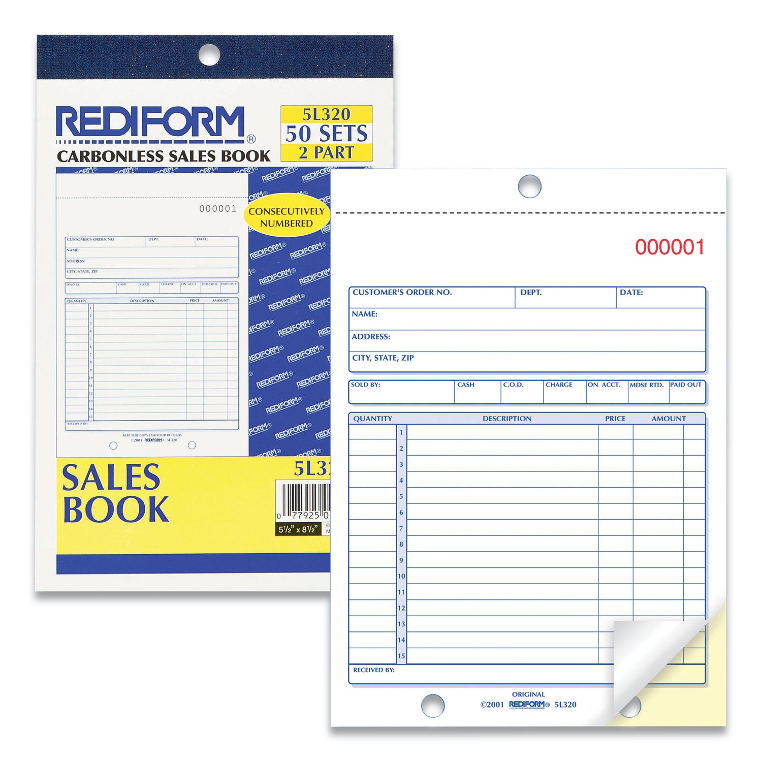 Sales Book, 15 Lines, Two-Part Carbonless, 5.5 x 7.88, 50 Forms Total - 