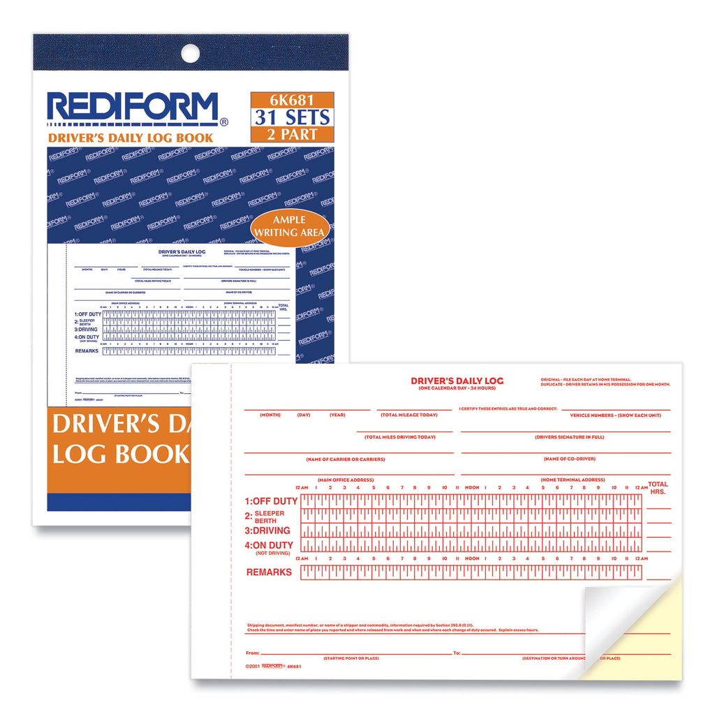 Driver's Daily Log Book with Daily Record and Hours Summary, Two-Part Carbonless, 7.88 x 5.5, 31 Forms Total - 