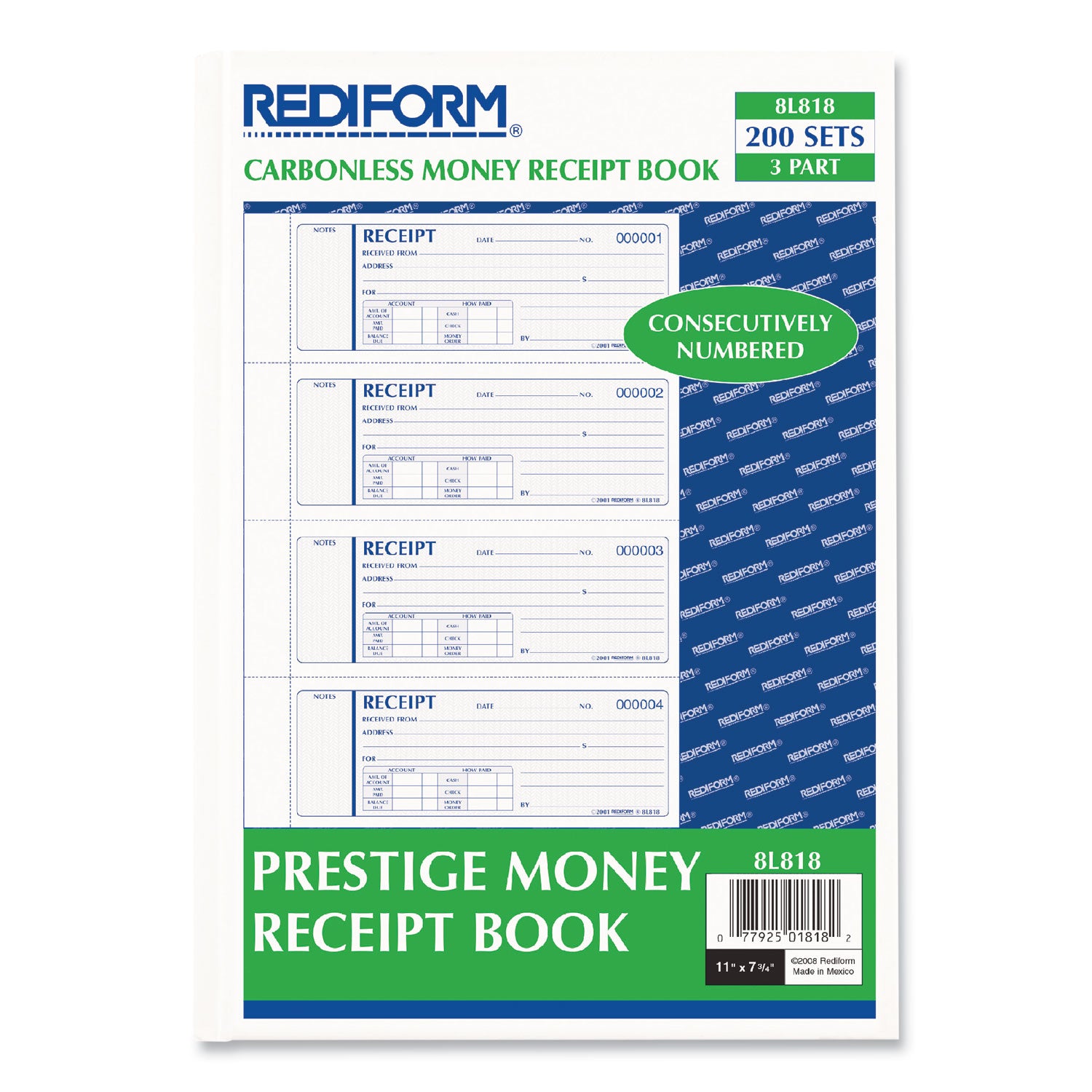 Money Receipt Book, Hardcover, Three-Part Carbonless, 7 x 2.75, 4 Forms/Sheet, 200 Forms Total - 