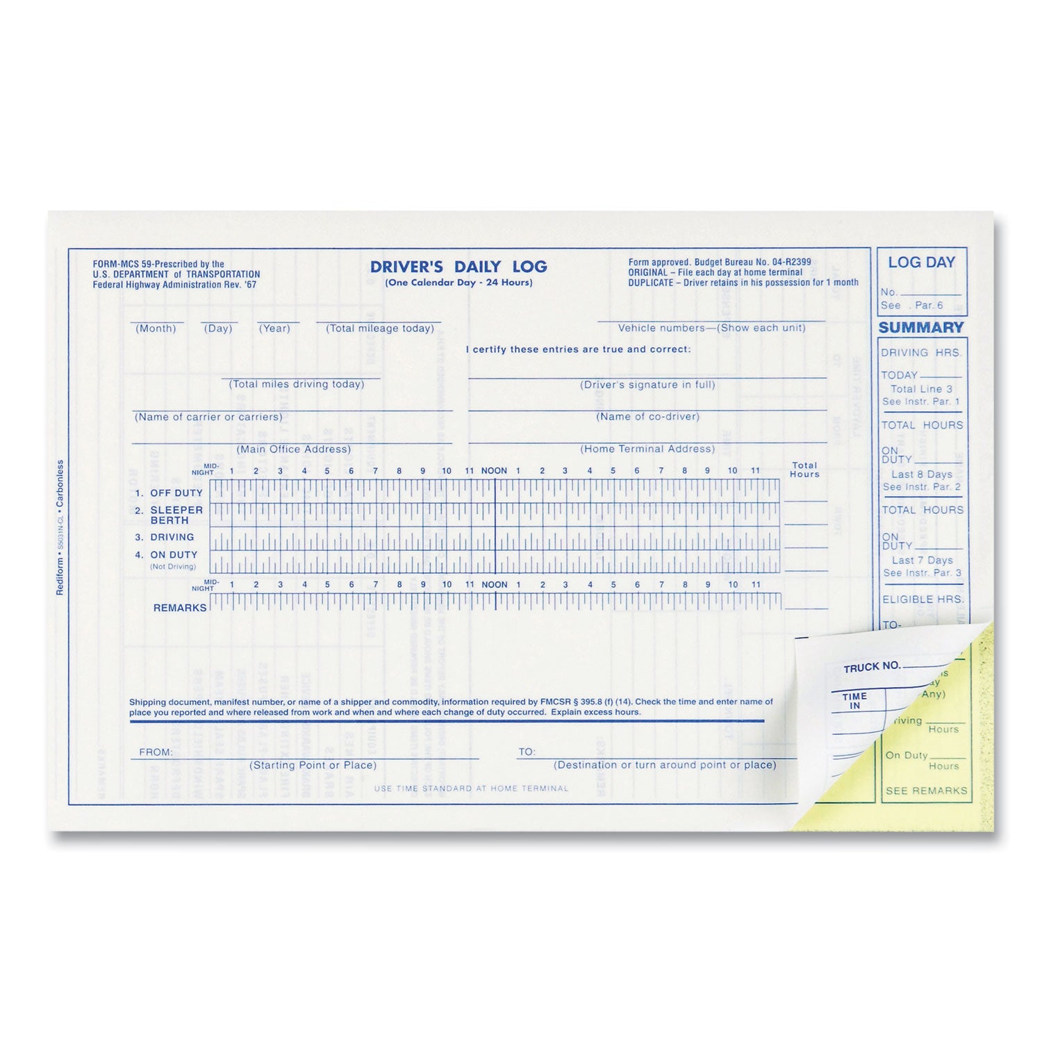 Driver's Daily Log Book, Two-Part Carbonless, 8.75 x 5.38, 31 Forms Total
