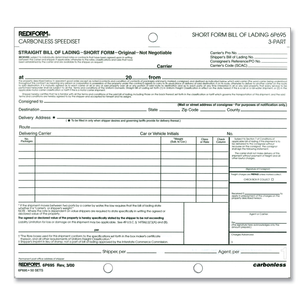 Speediset Bill of Lading, Short Form, Three-Part Carbonless, 7 x 8.5, 50 Forms Total - 