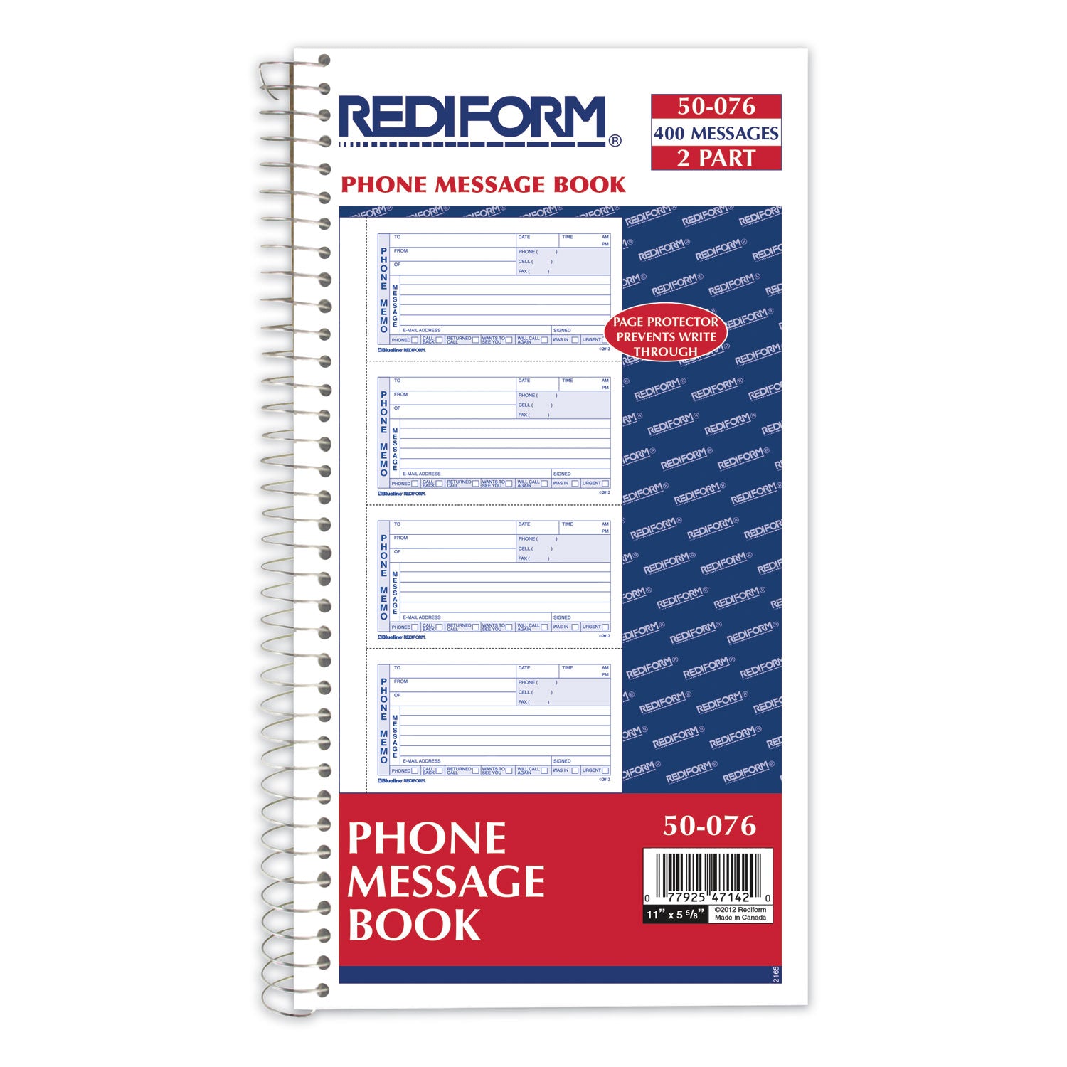 Telephone Message Book, Two-Part Carbonless, 5 x 2.75, 4 Forms/Sheet, 400 Forms Total - 