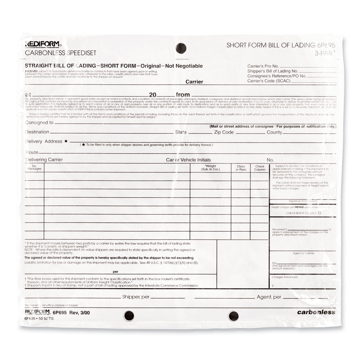 Speediset Bill of Lading, Short Form, Three-Part Carbonless, 7 x 8.5, 50 Forms Total - 