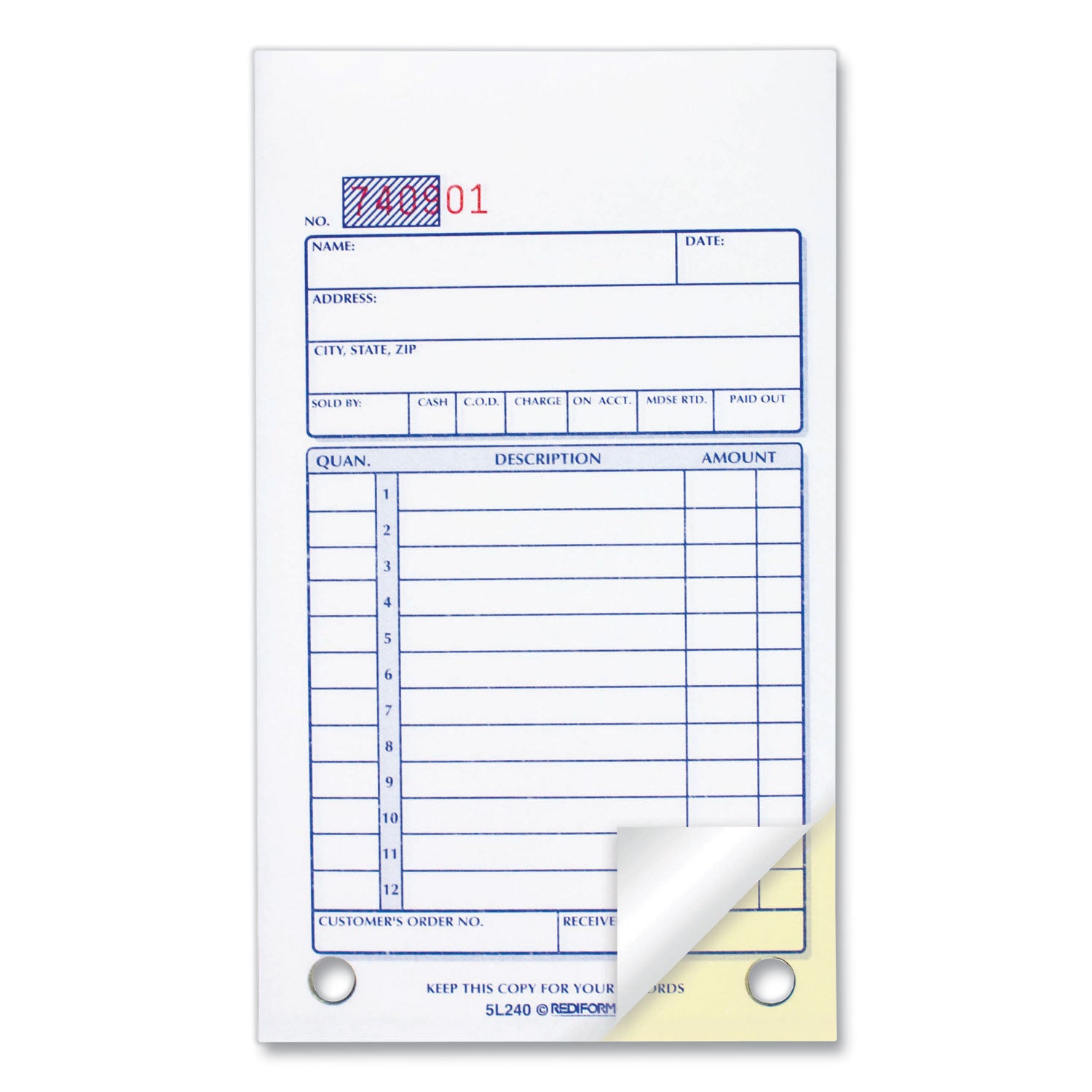 Sales Book, 12 Lines, Two-Part Carbonless, 3.63 x 6.38, 50 Forms Total - 