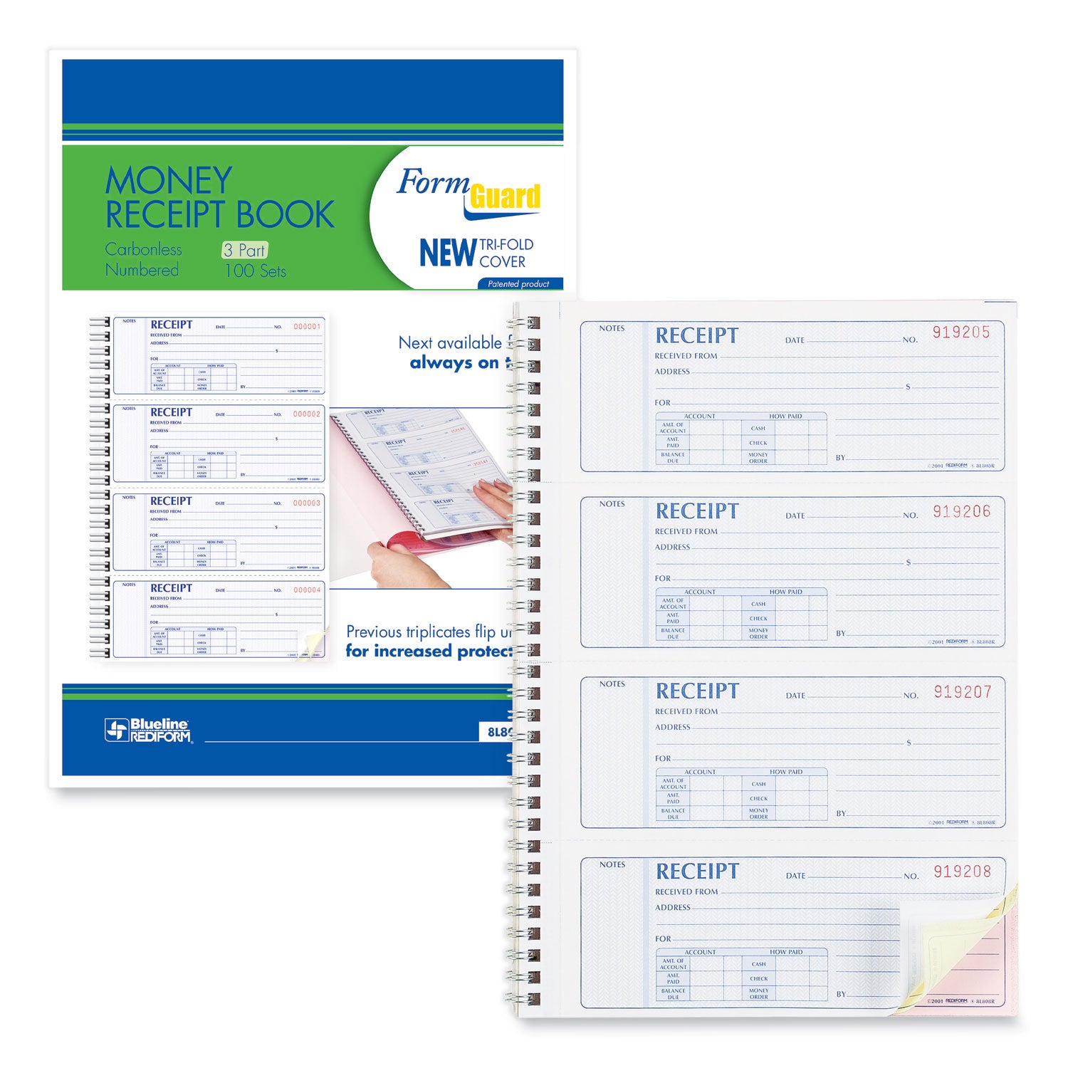 Money Receipt Book, FormGuard Cover, Three-Part Carbonless, 7 x 2.75, 4 Forms/Sheet, 100 Forms Total - 