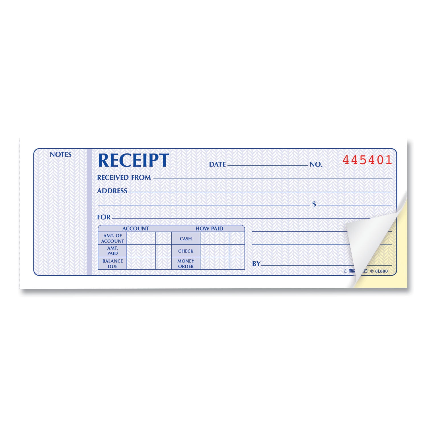 Receipt Book, Two-Part Carbonless, 7 x 2.75, 4 Forms/Sheet, 100 Forms Total - 