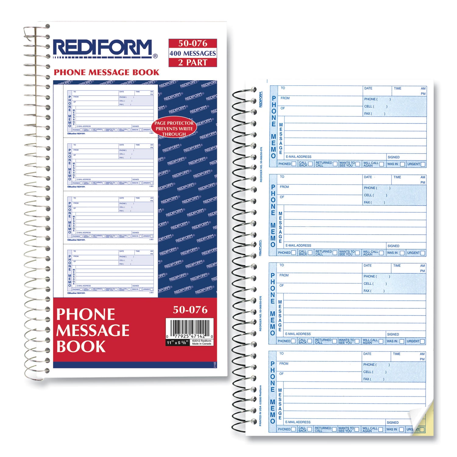 Telephone Message Book, Two-Part Carbonless, 5 x 2.75, 4 Forms/Sheet, 400 Forms Total