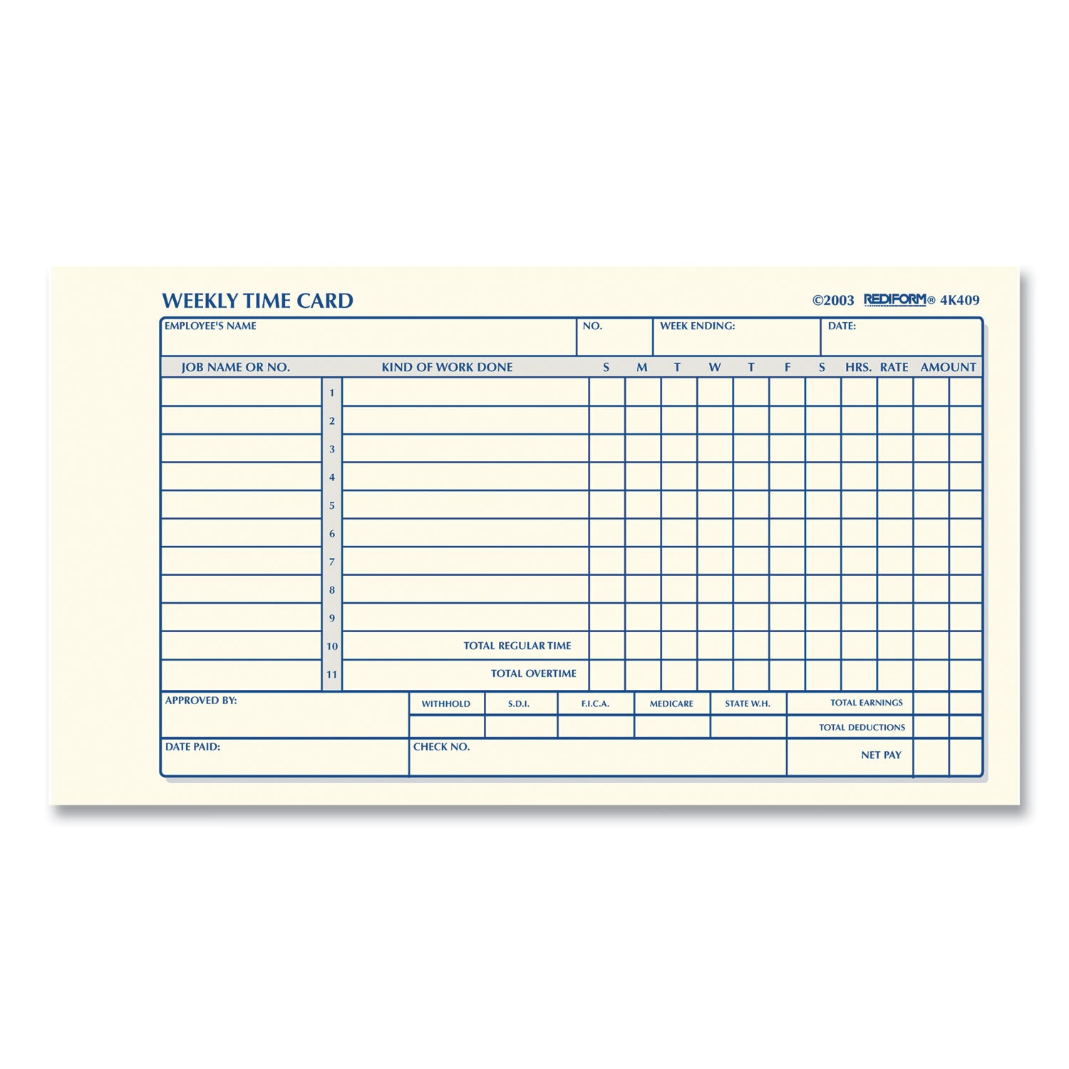 Weekly Employee Time Cards, One Side, 4.25 x 7, 100/Pad - 