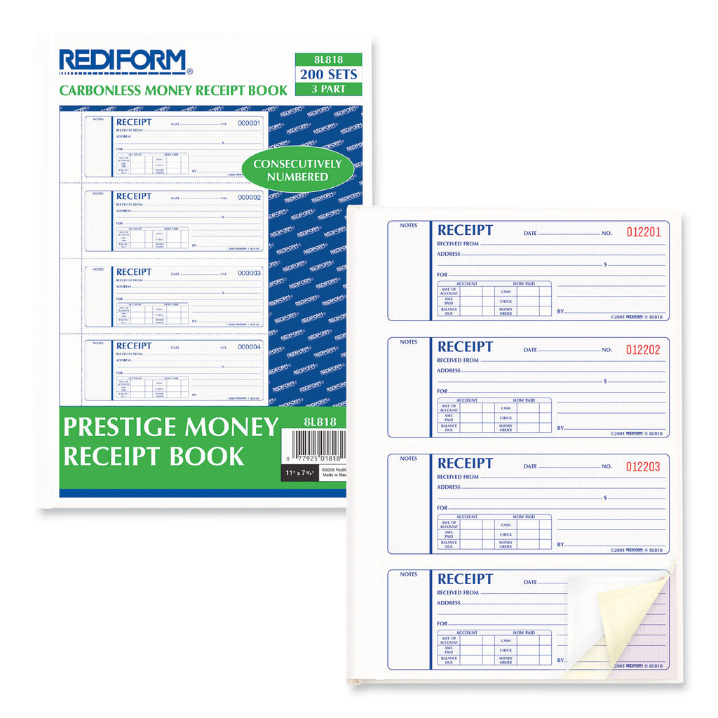 Money Receipt Book, Hardcover, Three-Part Carbonless, 7 x 2.75, 4 Forms/Sheet, 200 Forms Total - 
