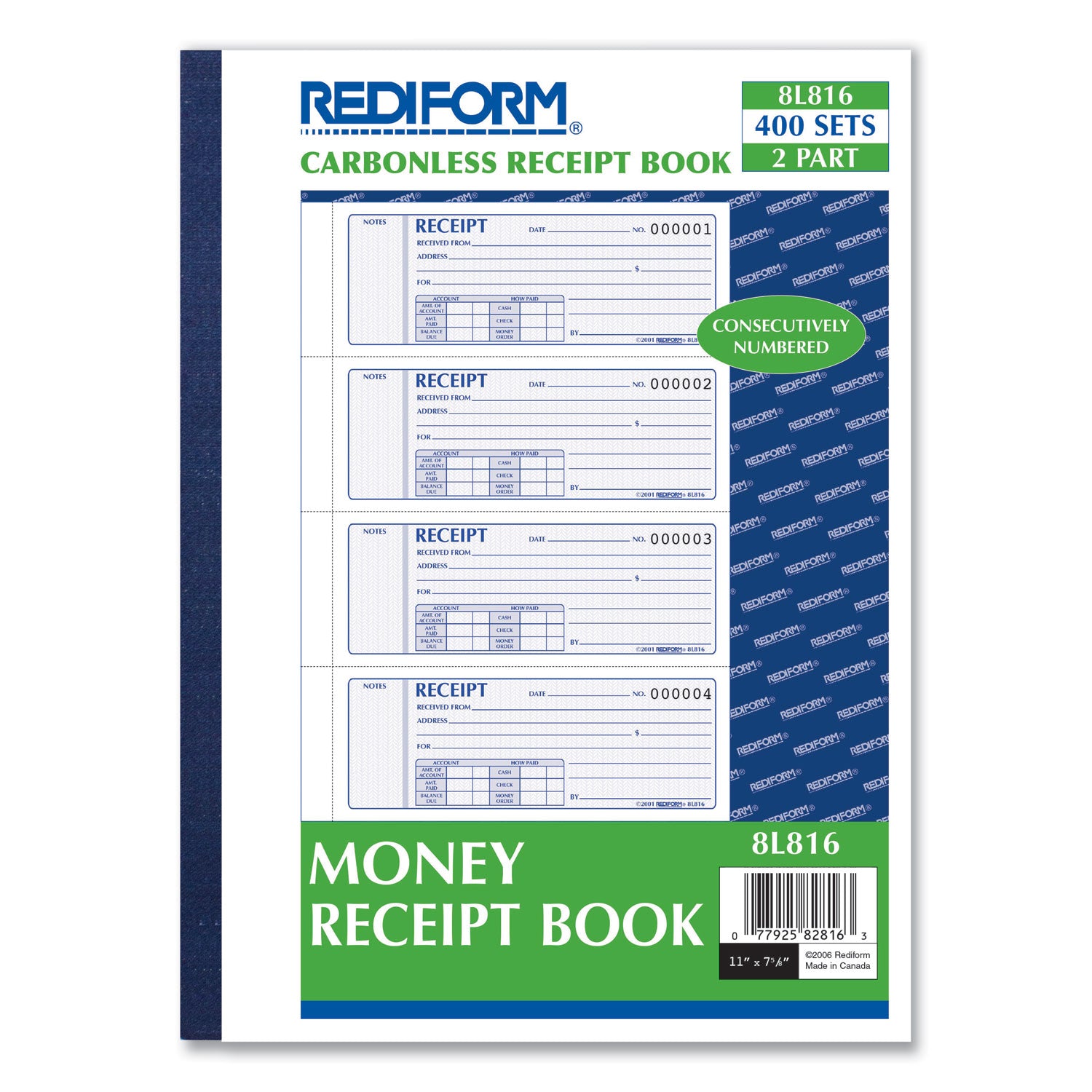Receipt Book, Two-Part Carbonless, 7 x 2.75, 4 Forms/Sheet, 400 Forms Total - 