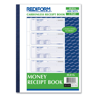 Receipt Book, Two-Part Carbonless, 7 x 2.75, 4 Forms/Sheet, 400 Forms Total - 