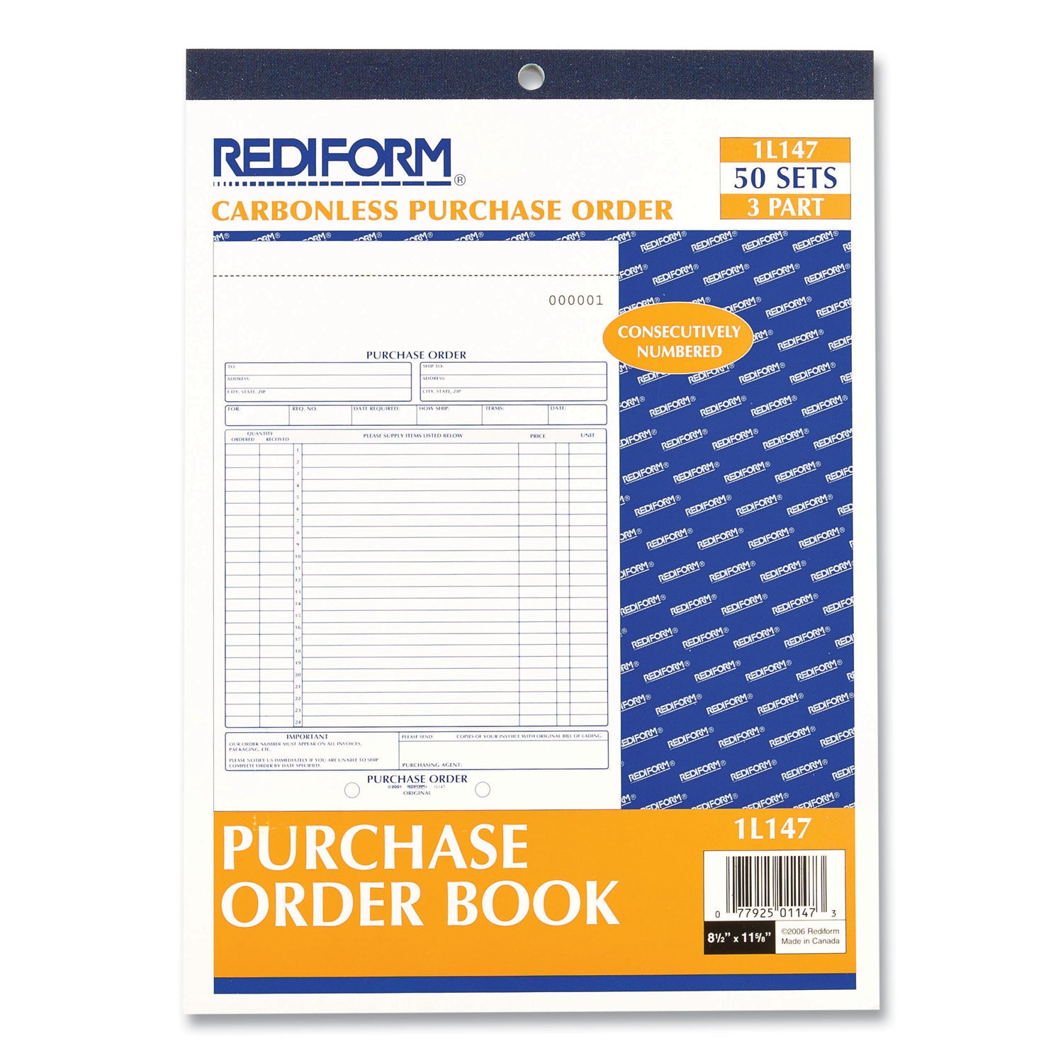Purchase Order Book, 17 Lines, Three-Part Carbonless, 8.5 x 11, 50 Forms Total - 