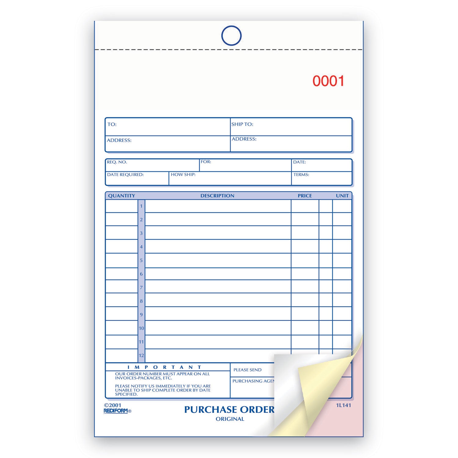 Purchase Order Book, 12 Lines, Three-Part Carbonless, 5.5 x 7.88, 50 Forms Total - 
