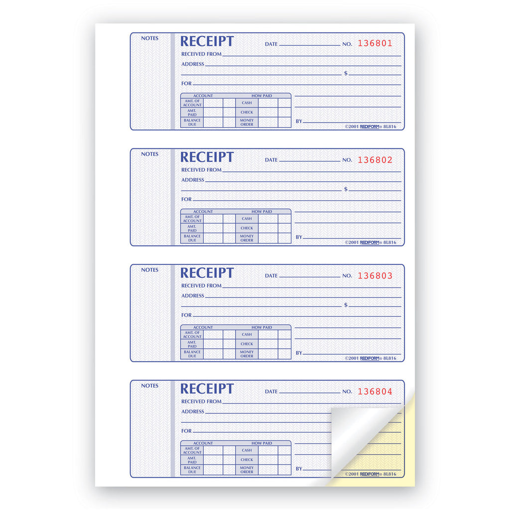 Receipt Book, Two-Part Carbonless, 7 x 2.75, 4 Forms/Sheet, 400 Forms Total - 