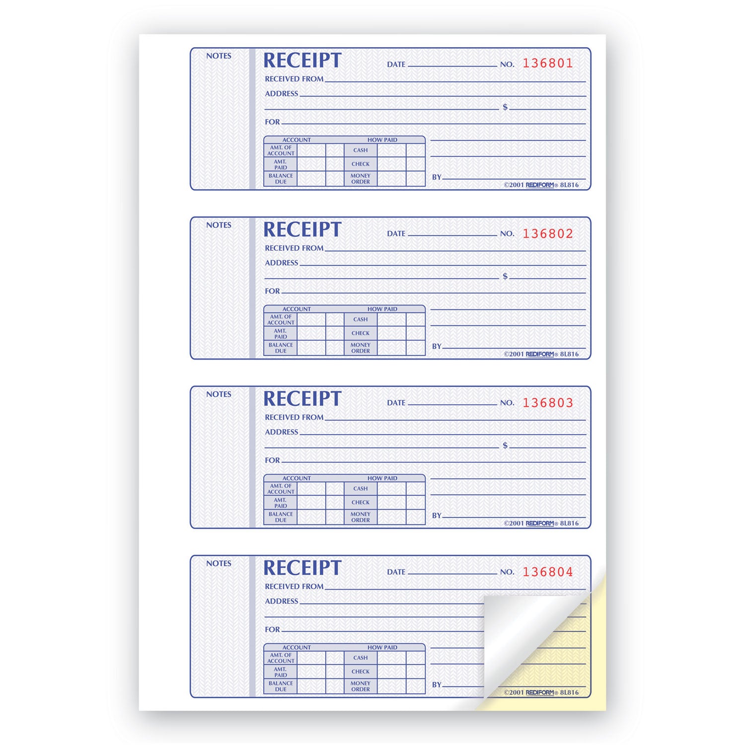 Receipt Book, Two-Part Carbonless, 7 x 2.75, 4 Forms/Sheet, 400 Forms Total - 