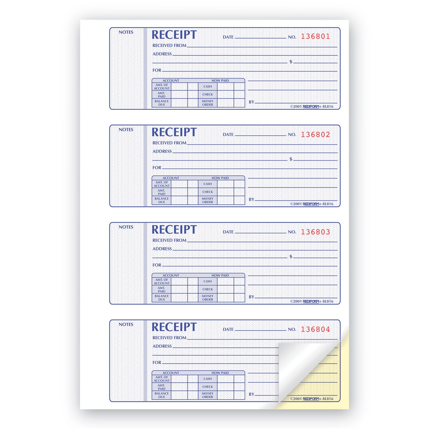 Receipt Book, Two-Part Carbonless, 7 x 2.75, 4 Forms/Sheet, 400 Forms Total - 