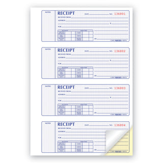 Receipt Book, Two-Part Carbonless, 7 x 2.75, 4 Forms/Sheet, 400 Forms Total - 