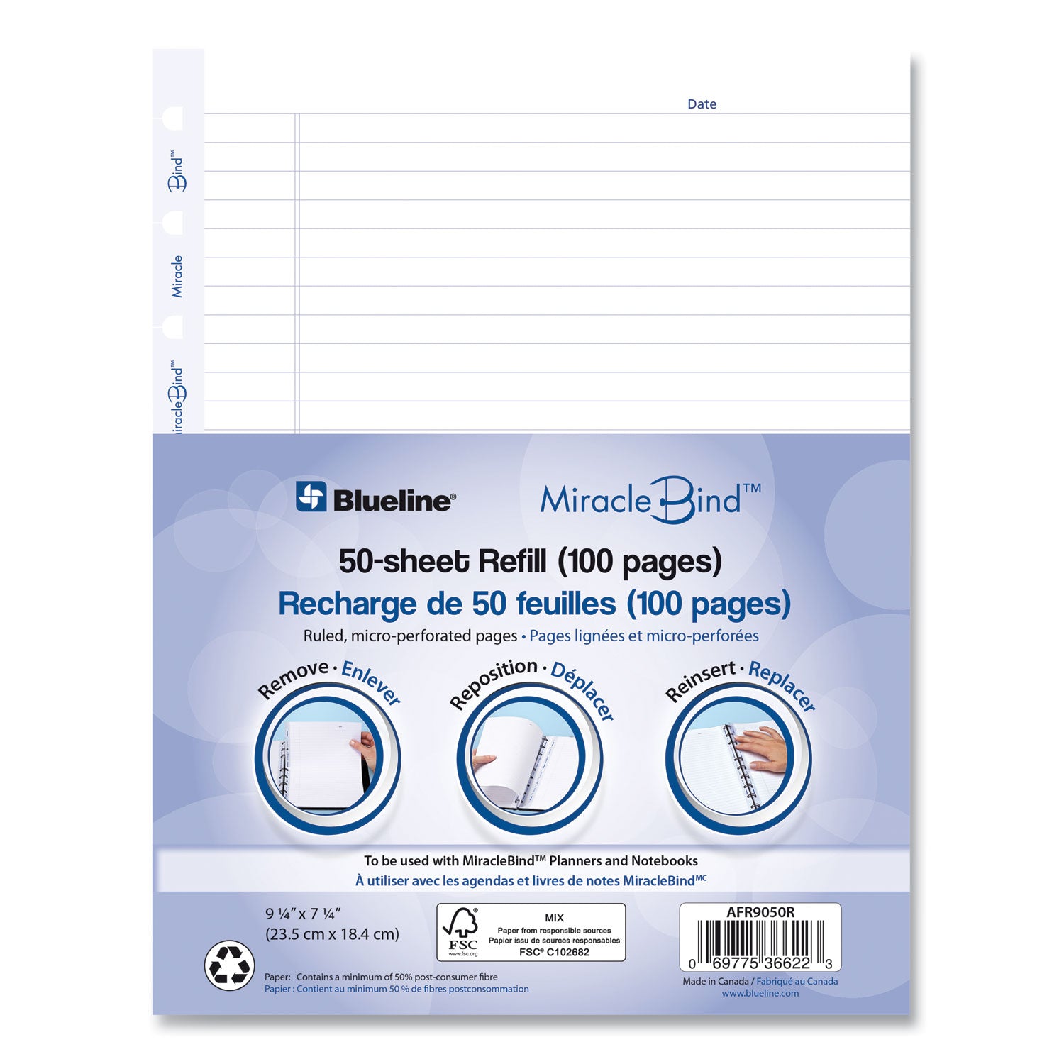 MiracleBind Ruled Paper Refill Sheets for all MiracleBind Notebooks and Planners, 9.25 x 7.25, White/Blue Sheets, Undated