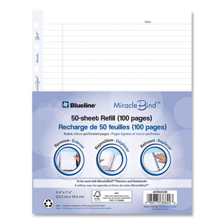 MiracleBind Ruled Paper Refill Sheets for all MiracleBind Notebooks and Planners, 9.25 x 7.25, White/Blue Sheets, Undated