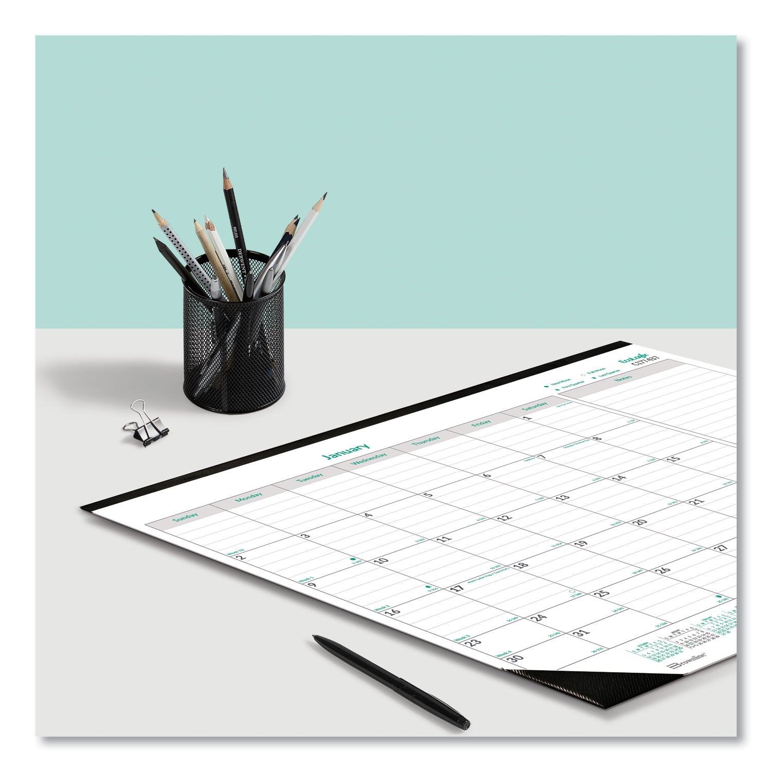 EcoLogix Monthly Desk Pad Calendar, 22 x 17, White/Green Sheets, Black Binding/Corners, 12-Month (Jan to Dec): 2024 - 