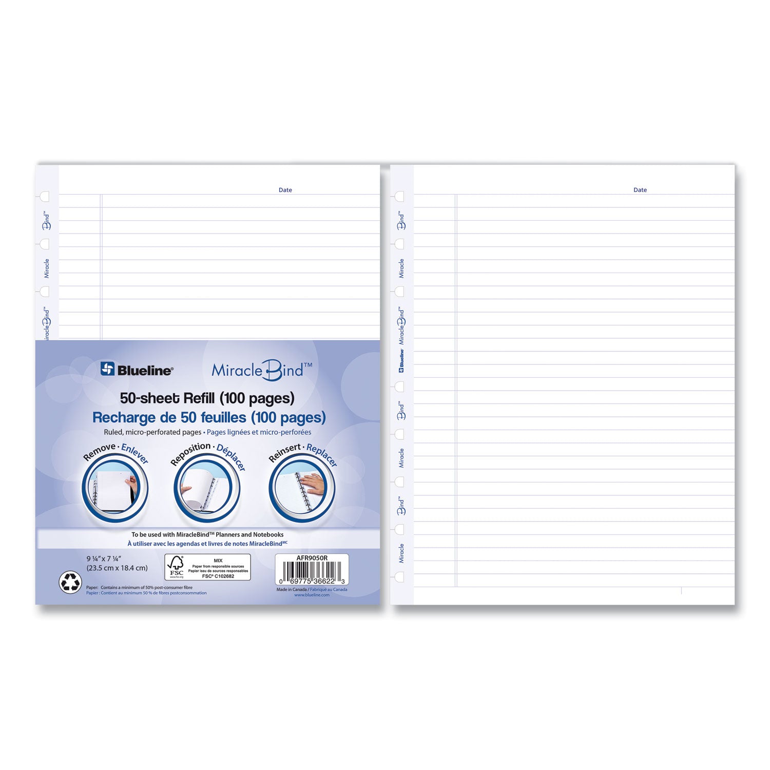 MiracleBind Ruled Paper Refill Sheets for all MiracleBind Notebooks and Planners, 9.25 x 7.25, White/Blue Sheets, Undated - 