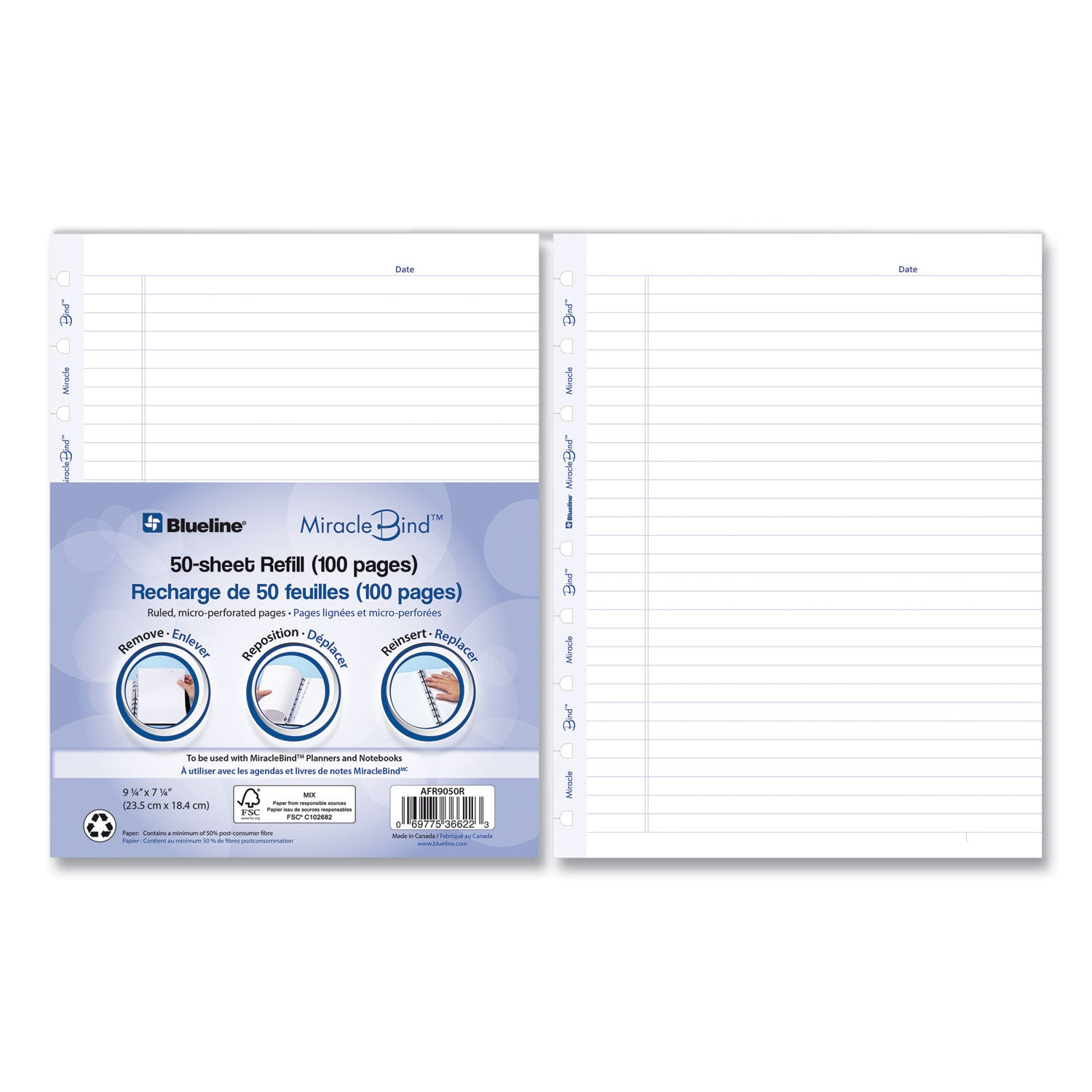 MiracleBind Ruled Paper Refill Sheets for all MiracleBind Notebooks and Planners, 9.25 x 7.25, White/Blue Sheets, Undated
