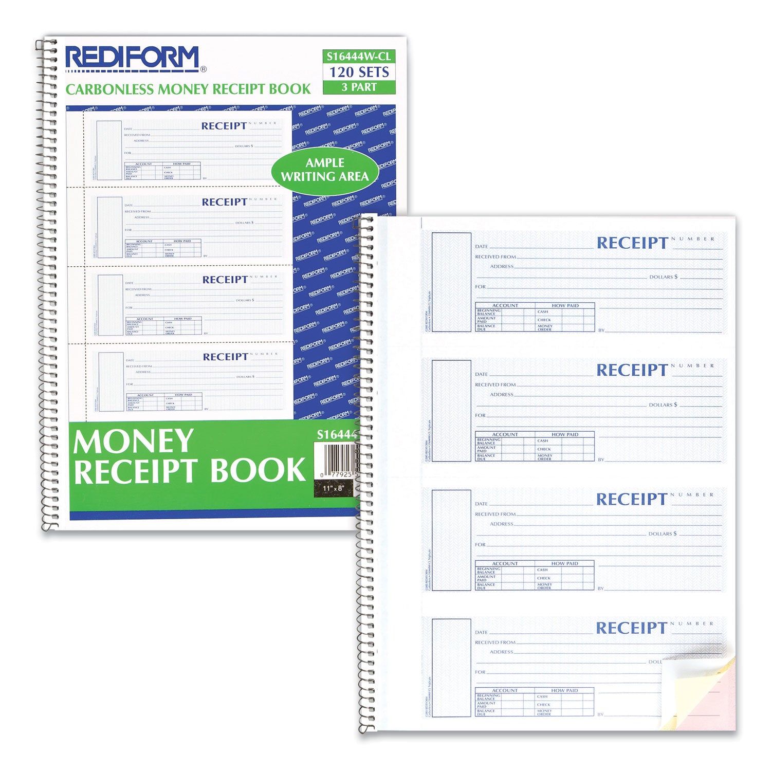 Spiralbound Unnumbered Money Receipt Book, Three-Part Carbonless, 7 x 2.75, 4 Forms/Sheet, 120 Forms Total - 