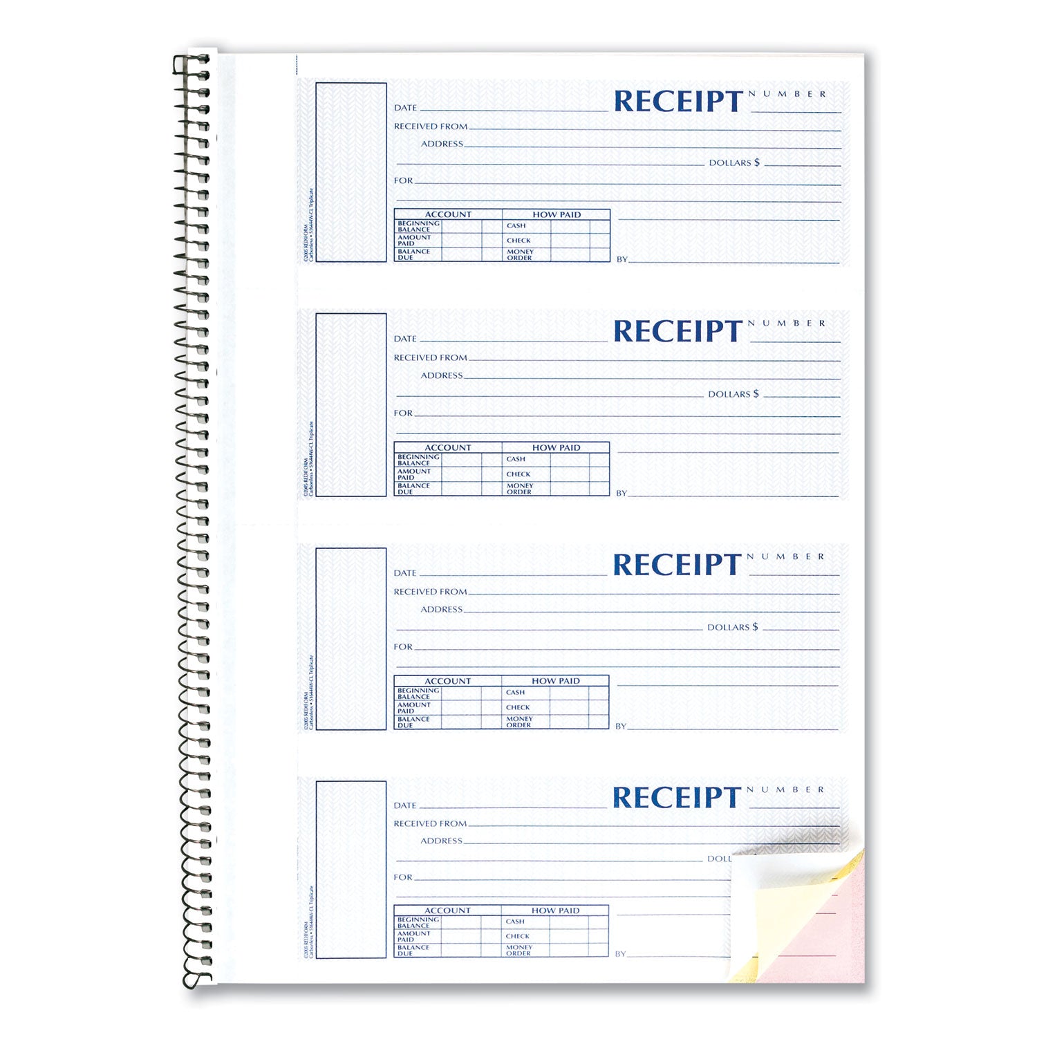 Spiralbound Unnumbered Money Receipt Book, Three-Part Carbonless, 7 x 2.75, 4 Forms/Sheet, 120 Forms Total - 