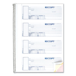 Spiralbound Unnumbered Money Receipt Book, Three-Part Carbonless, 7 x 2.75, 4 Forms/Sheet, 120 Forms Total