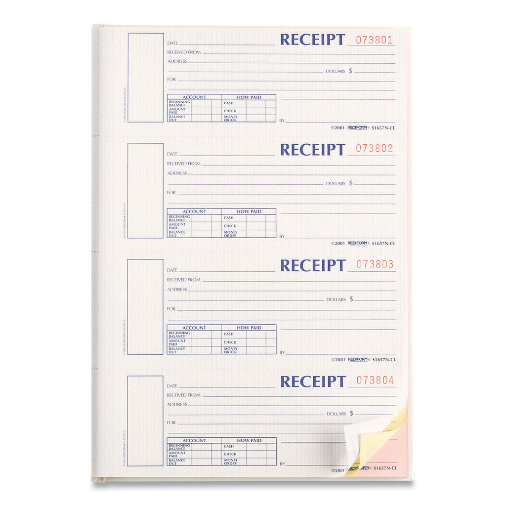 Durable Hardcover Numbered Money Receipt Book, Three-Part Carbonless, 6.88 x 2.75, 4 Forms/Sheet, 200 Forms Total