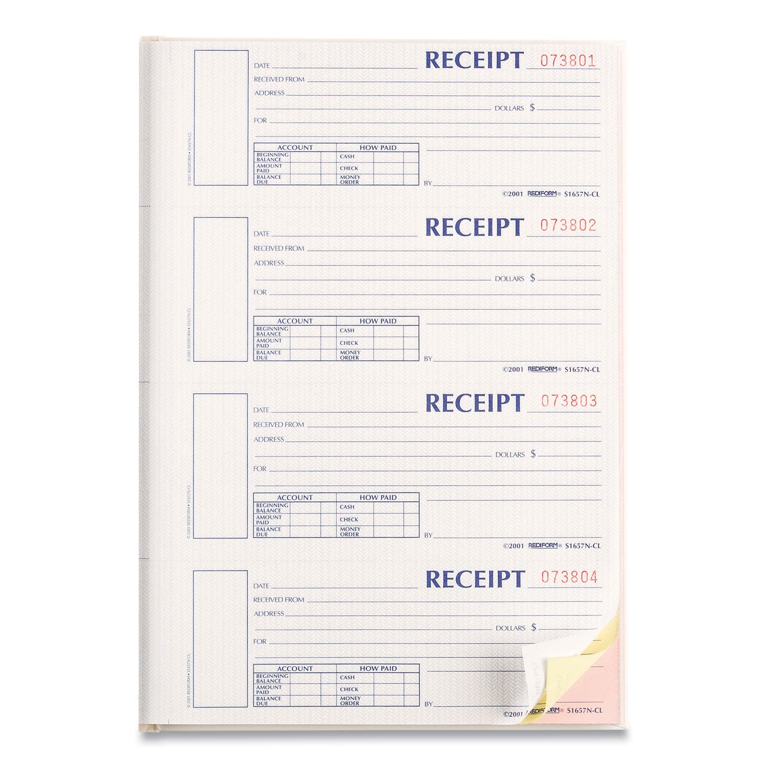 Durable Hardcover Numbered Money Receipt Book, Three-Part Carbonless, 6.88 x 2.75, 4 Forms/Sheet, 200 Forms Total