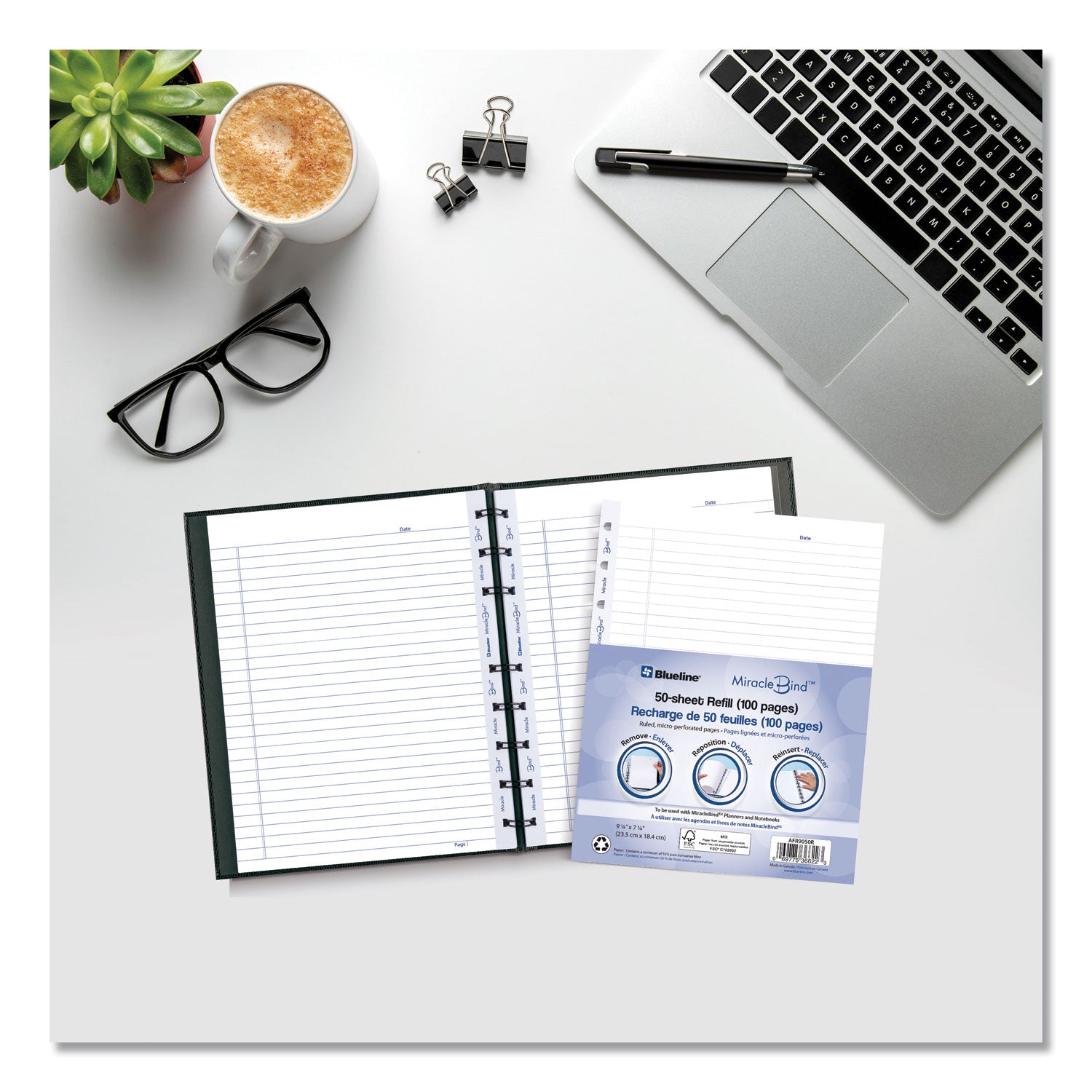 MiracleBind Ruled Paper Refill Sheets for all MiracleBind Notebooks and Planners, 9.25 x 7.25, White/Blue Sheets, Undated