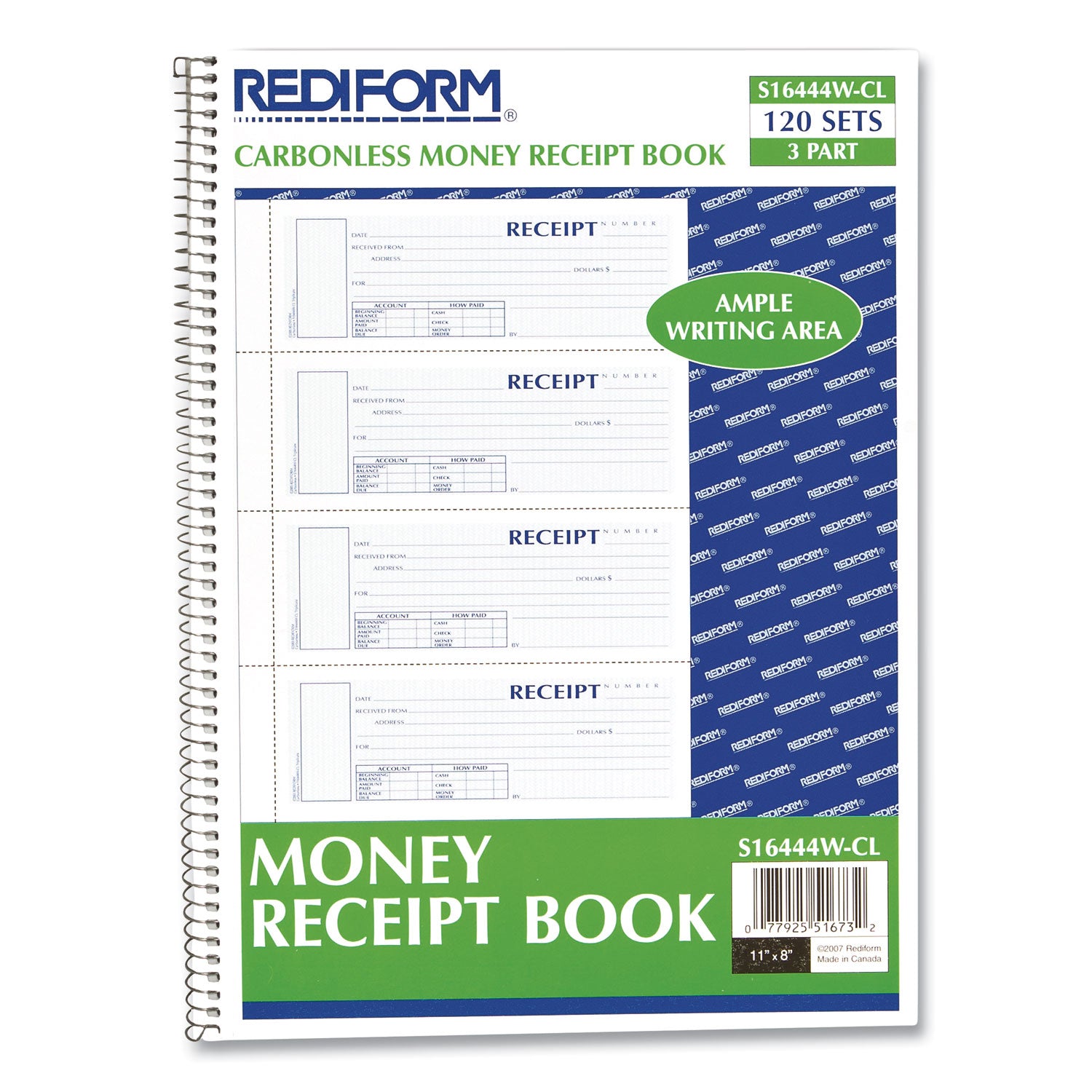 Spiralbound Unnumbered Money Receipt Book, Three-Part Carbonless, 7 x 2.75, 4 Forms/Sheet, 120 Forms Total - 